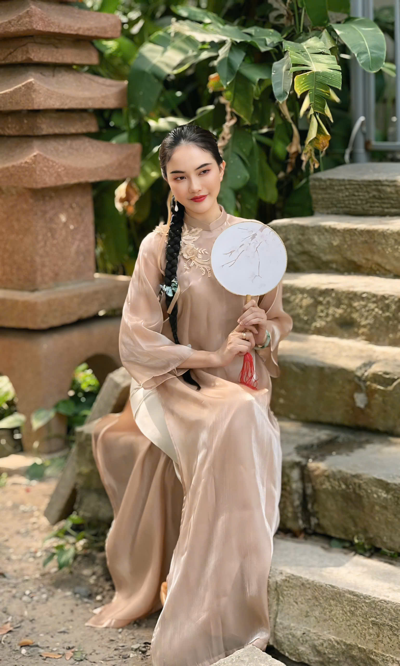 Áo Dài Voan Organza nude 4 tà