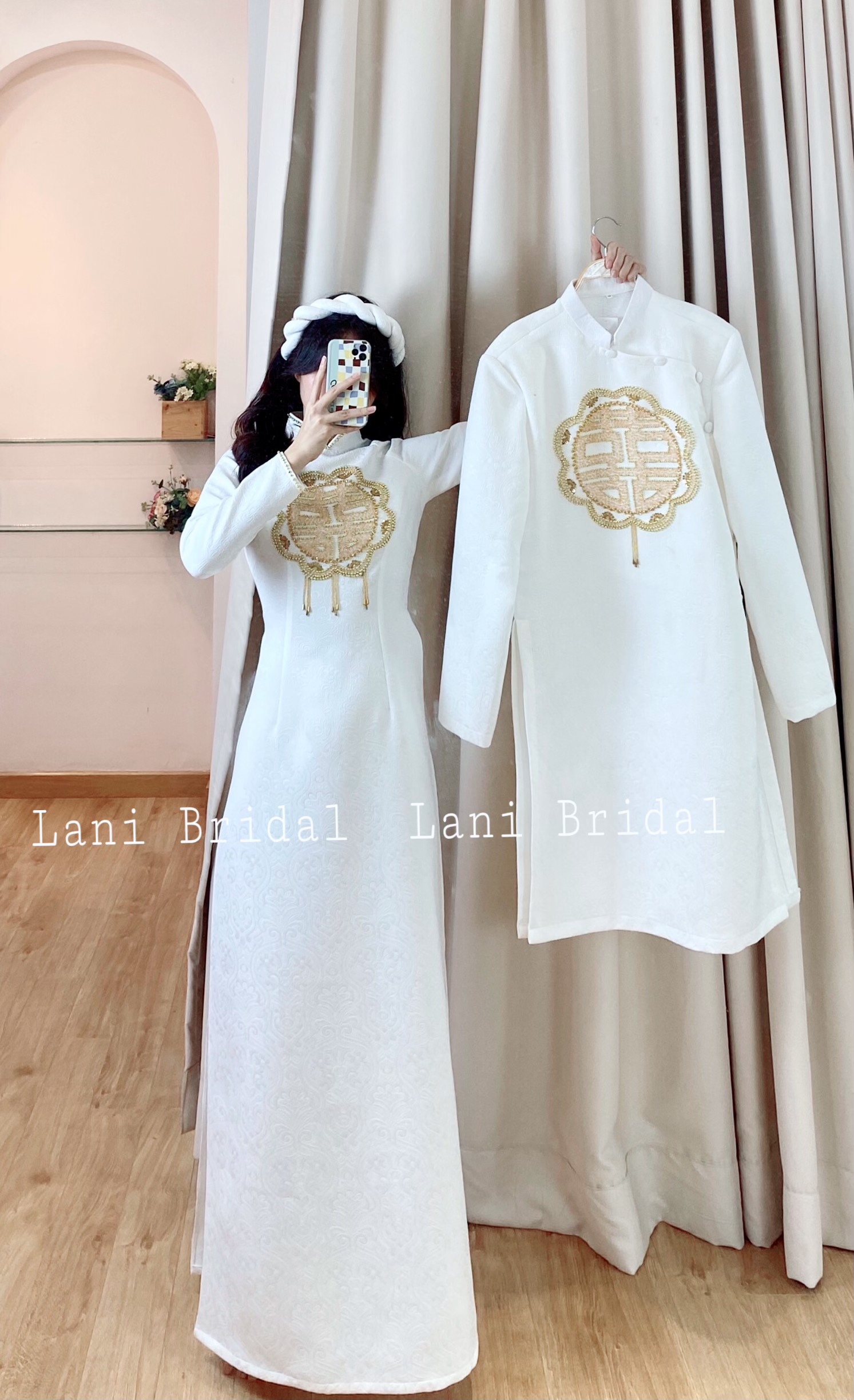 ÁO DÀI CÔ DÂU TAFTA TRẮNG