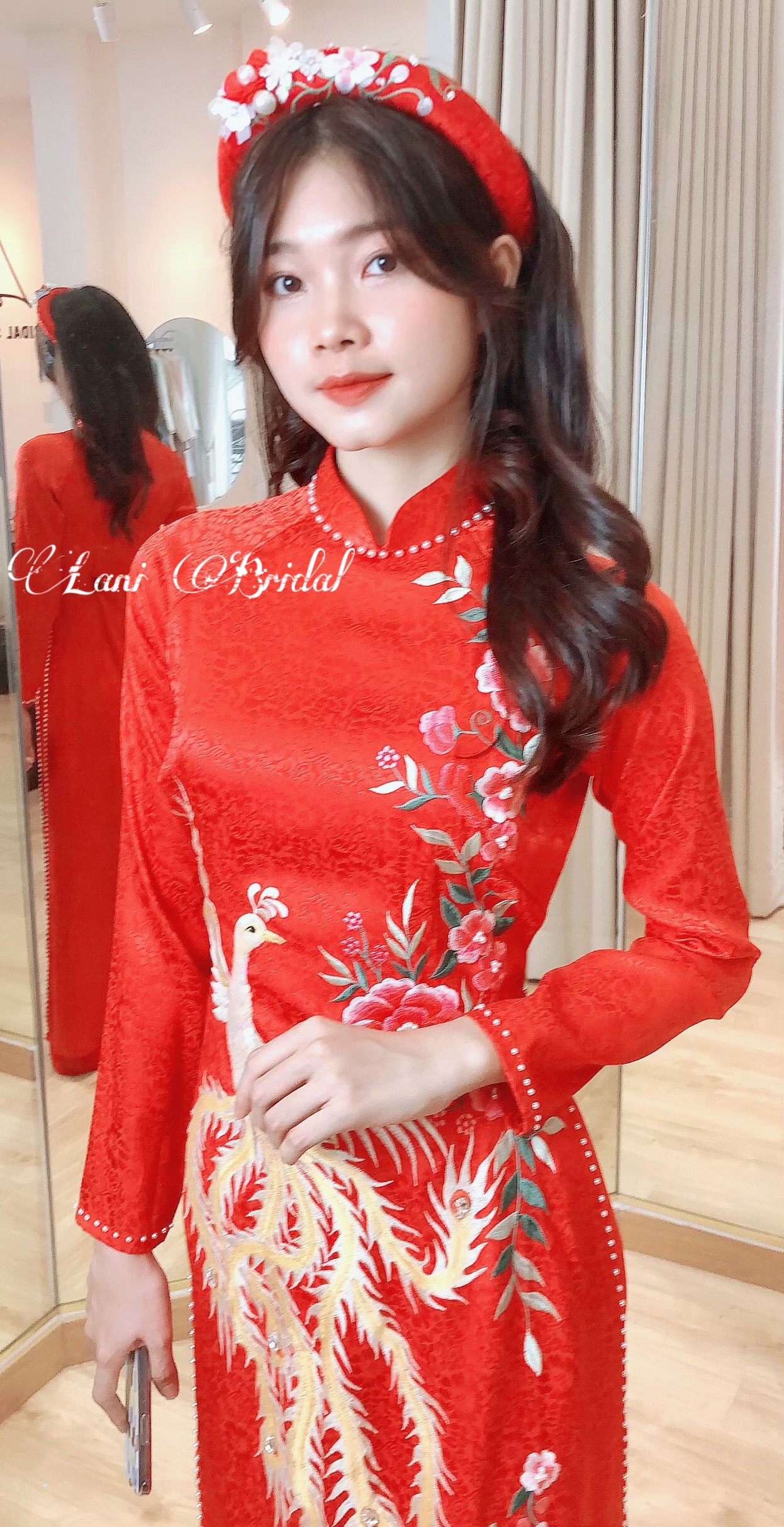 ÁO DÀI CÔ DÂU PHỤNG ĐỎ