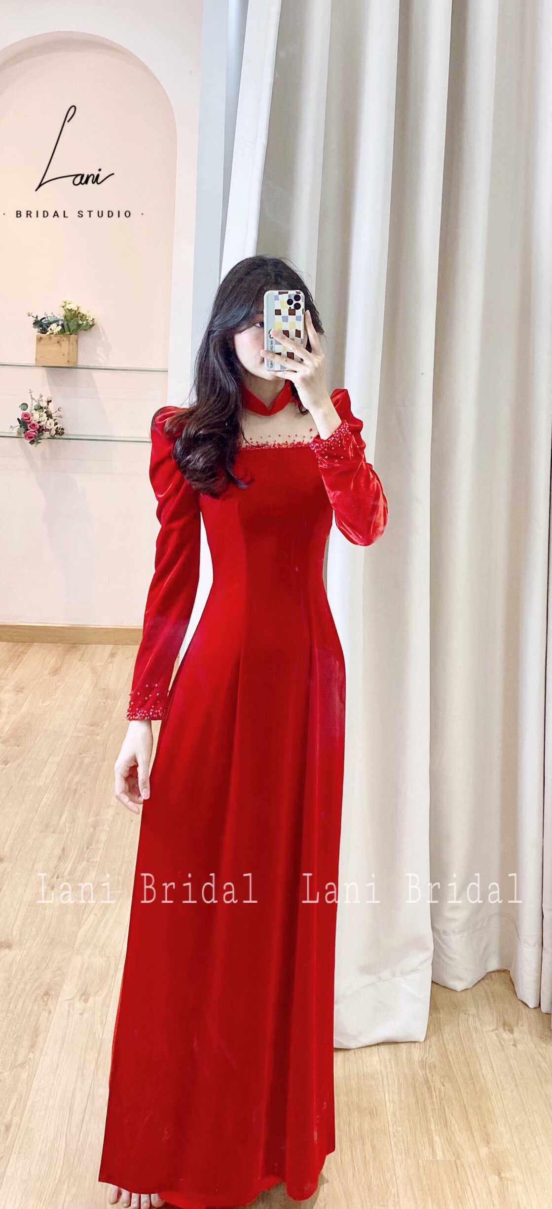 ÁO DÀI CÔ DÂU NHUNG ĐỎ